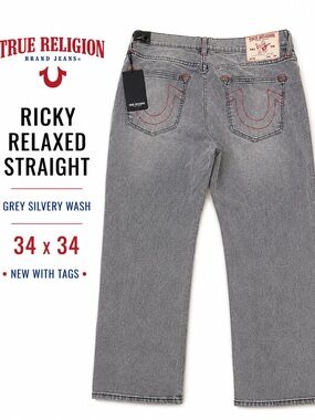 True Religion Ricky Relaxed Straight Jeans Men 34x34 Gray NWT